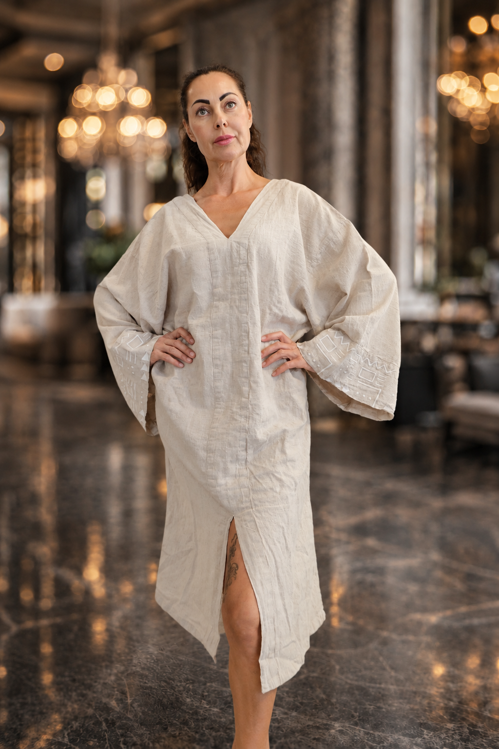 Azura Natural Keten Beyaz Nakış Detaylı Kaftan Elbise