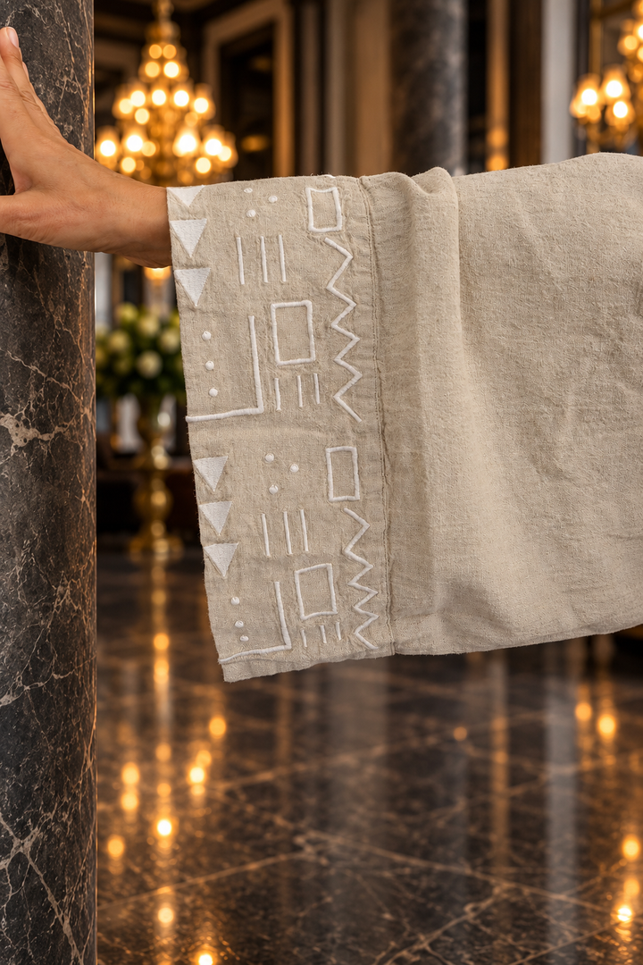 Azura Natural Keten Beyaz Nakış Detaylı Kaftan Elbise