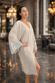 Azura Natural Keten Turkuaz Nakış Detaylı Kaftan Elbise