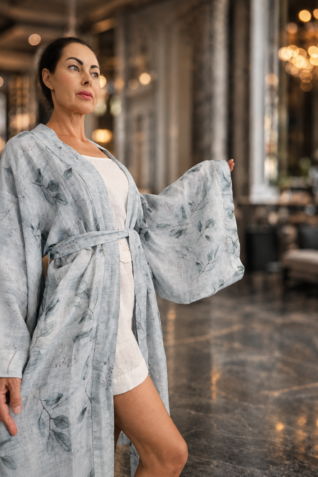 Sora Desenli Mint Keten Yarasa Kol Uzun Kimono