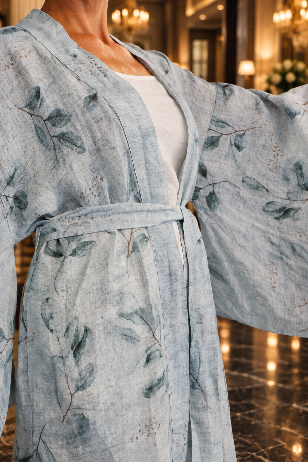 Sora Desenli Mint Keten Yarasa Kol Uzun Kimono
